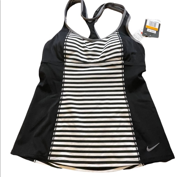 Nike Women’s Stripe Tankini Racerback Swim Top Black NWT size small built in bra